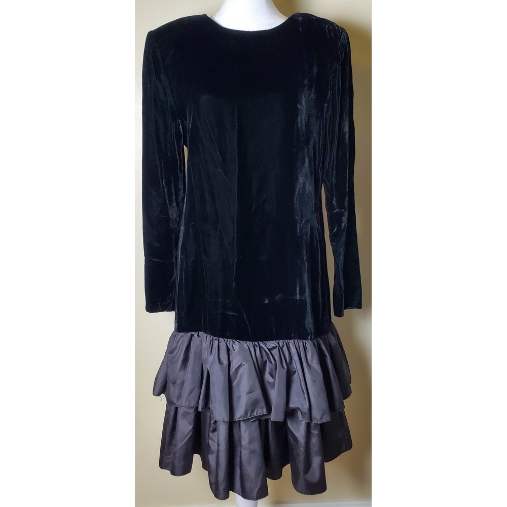 Vintage Prom Y2K Black Long Sleeve Velvet Dress Tiered Skirt Dark Romantic Goth